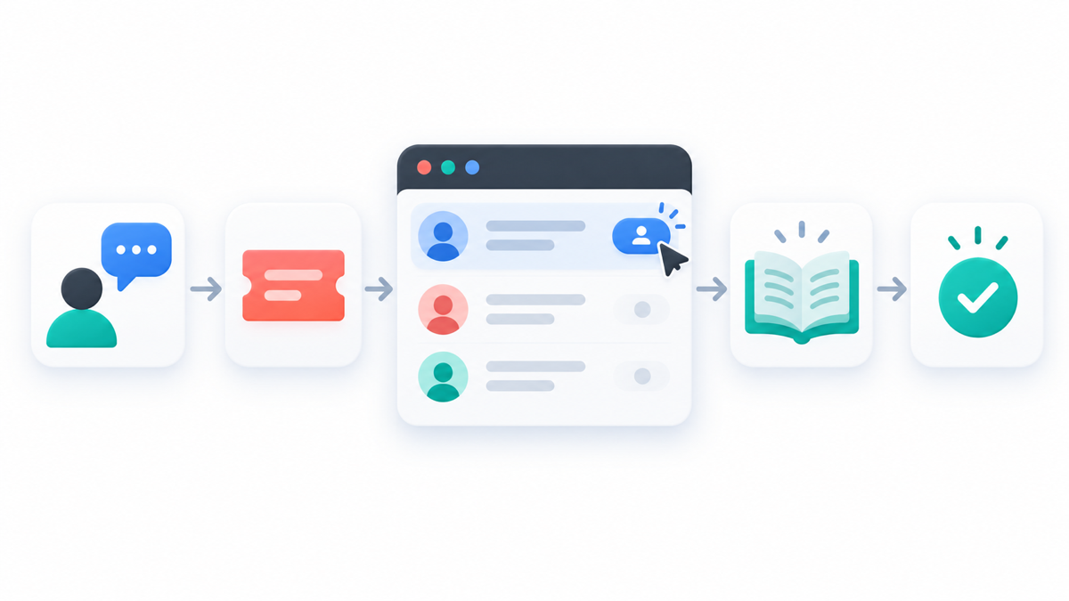 A customer question moves through ticket assignment, a shared inbox, a knowledge base, and resolution