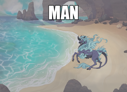 A meme of a horse on a beach staring into the ocean with bold text saying 'MAN', but the background is Redrock Cove and the horse is a Cirrus Dragon A meme of a horse on a beach staring into the ocean with bold text saying 'MAN', but the background is Redrock Cove and the horse is a Cirrus Dragon