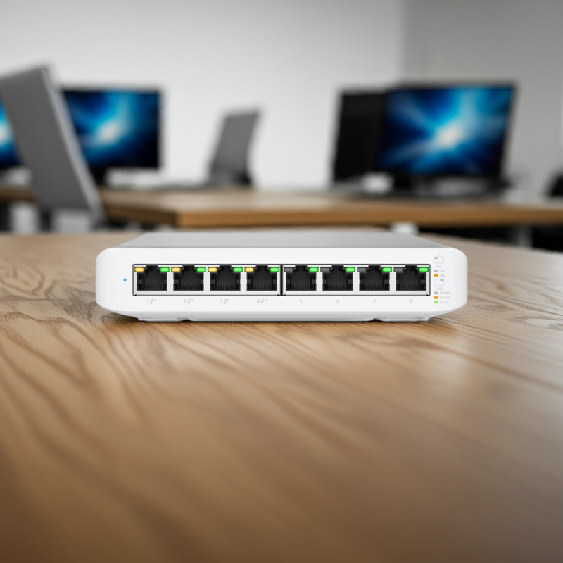 Switch UniFi Lite 8 PoE alimentando um Access Point e uma câmera de segurança