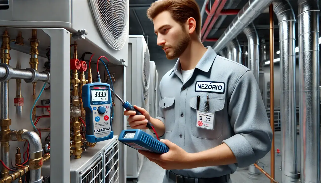 Técnico realizando detecção de vazamento em equipamento de refrigeração