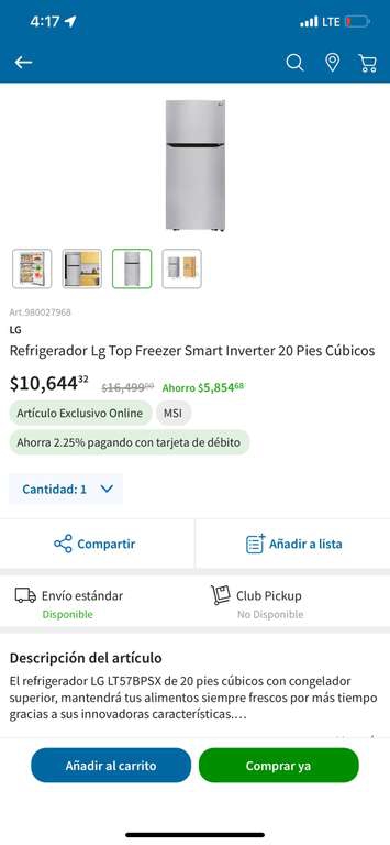 Sam's Club: Refrigerador LG top Freezer Smart Inverter 20 pies