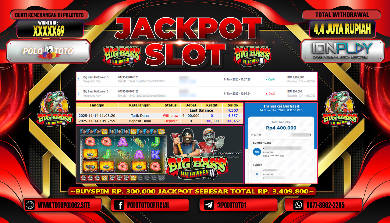 POLOTOTO JACKPOT SLOT BIG BASS HALLOWEEN 3 Rp.4.400.000,- LUNAS