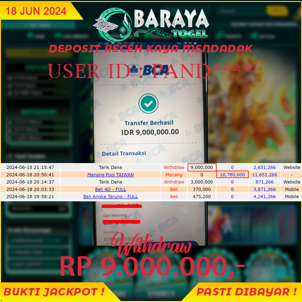 Rp. 9.000.000.- WD LUNAS DI BARAYATOGEL