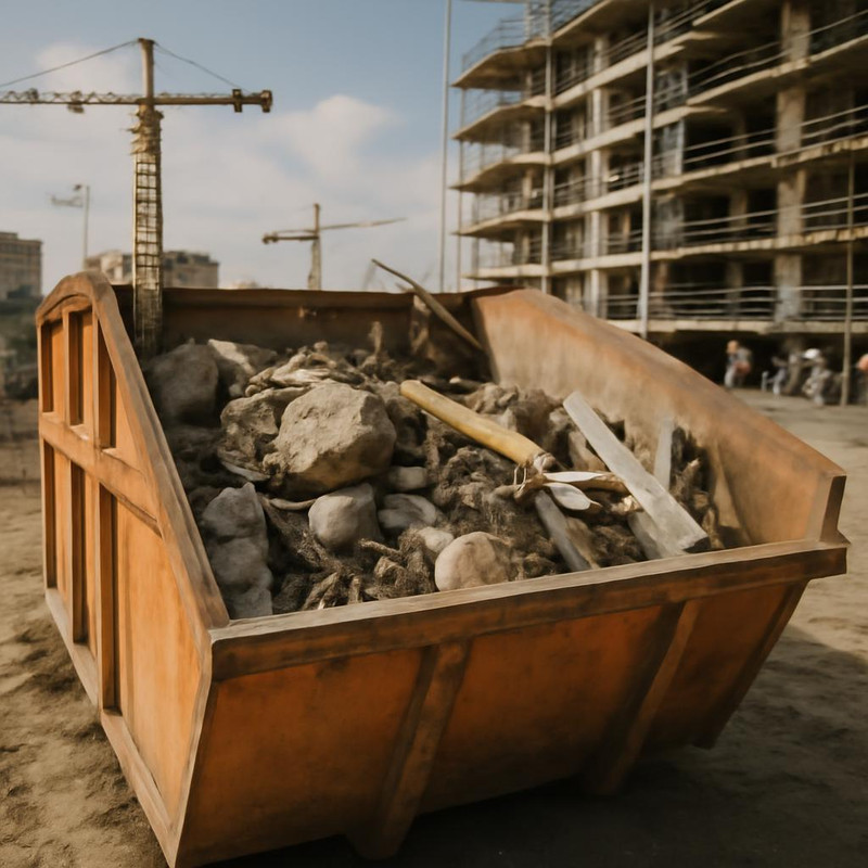 Открытый контейнер для строительного мусора на стройке