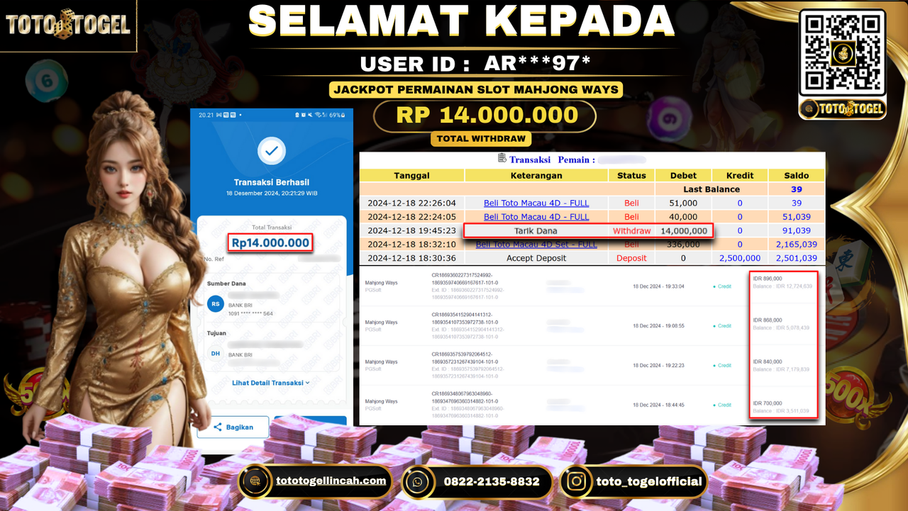 Bukti Pembayaran Jackpot Permainan Slot Mahjong Ways ID: AR***97* LUNAS