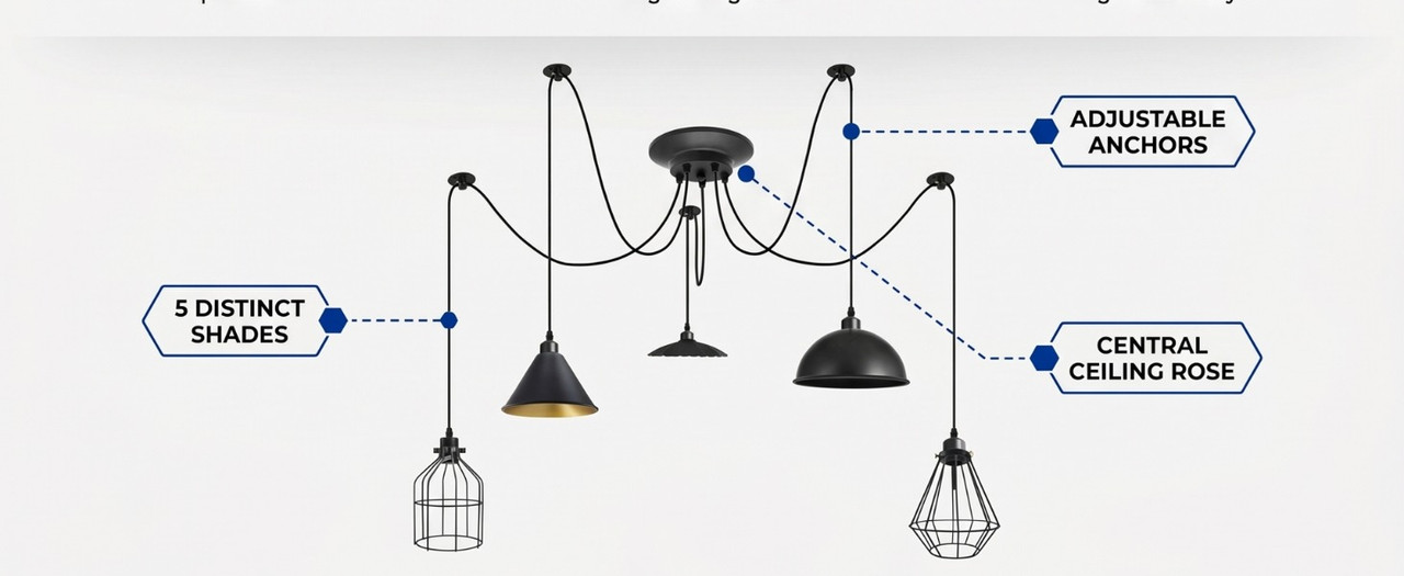 Diagram of 5-arm spider ceiling light showing adjustable anchors, central ceiling rose, and 5 distinct interchangeable shades including cone, dome, and cage styles
