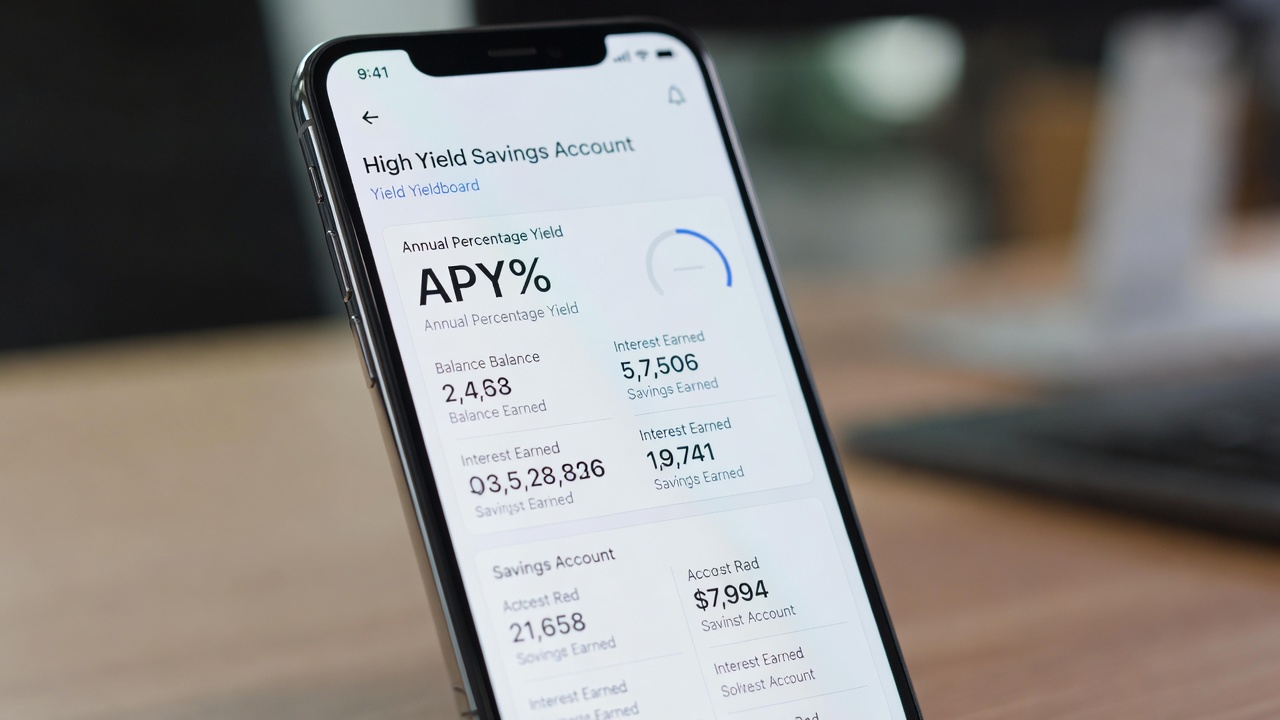 Close up of a smartphone displaying a high yield savings account dashboard with a competitive APY percentage