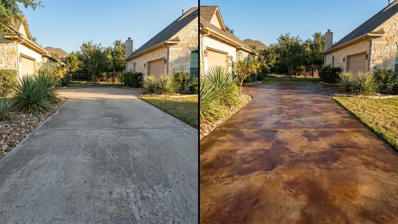 Close-up of an acid-stained concrete driveway showing the natural marbled, variegated earth-tone pattern created when the stain reacts with minerals in the slab — San Antonio, TX