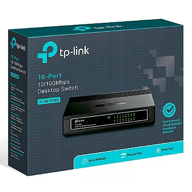 Embalagem do Switch TP-Link TL-SF1016D, destacando as principais características e o modelo.