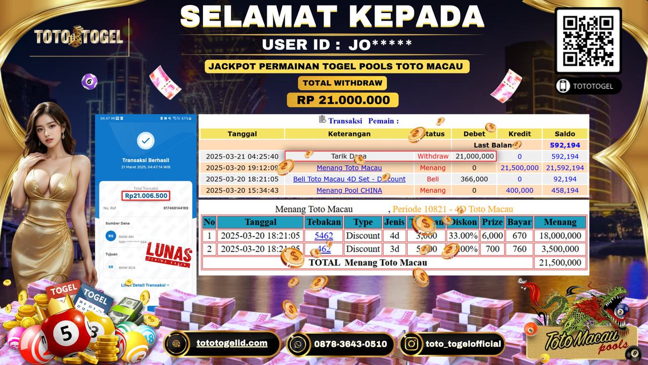 Bukti Pembayaran Jackpot  Permainan Togel Pools Toto Macau ID:JO***** LUNAS