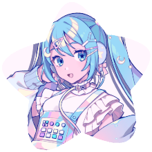 The Hatsune Miku art from the Digital Stars x Vocaloid collaboration, on a transparent star shape. She's wearing a ruffly, holographic clothes unlike her usual outfit, and is facing to the left, looking at the viewer.