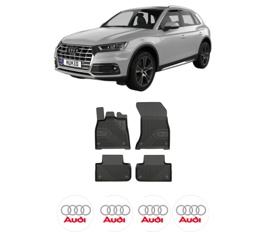 Set covorase presuri AUDI Q5 (FYB, FYG) din 2016-2021, auto, din cauciuc thermoplastic, 4 Stickere auto cu AUDI