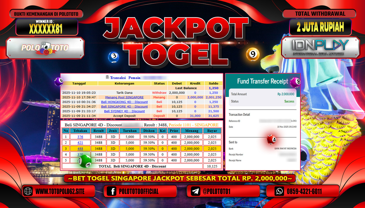 POLOTOTO JACKPOT TOGEL POOL SINGAPORE Rp.2.000.000,- LUNAS