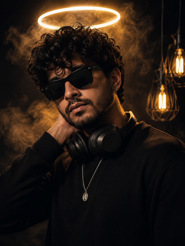 Example result for: Halo & Smoke: Mystical Studio Portrait with Glowing Ring Prompt