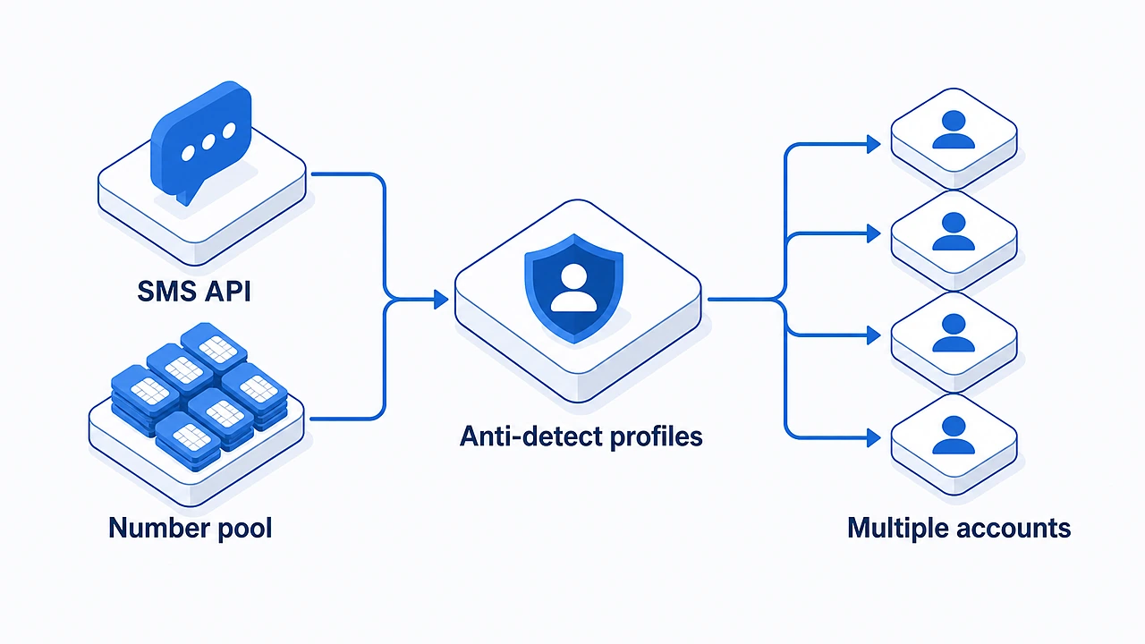 Pipeline combining API SMS verification and anti-detect browsers to scale account creation