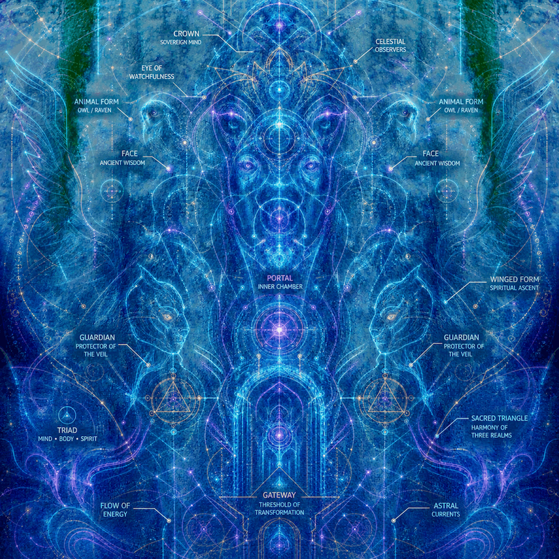 Mystical portal diagram with cosmic sigils