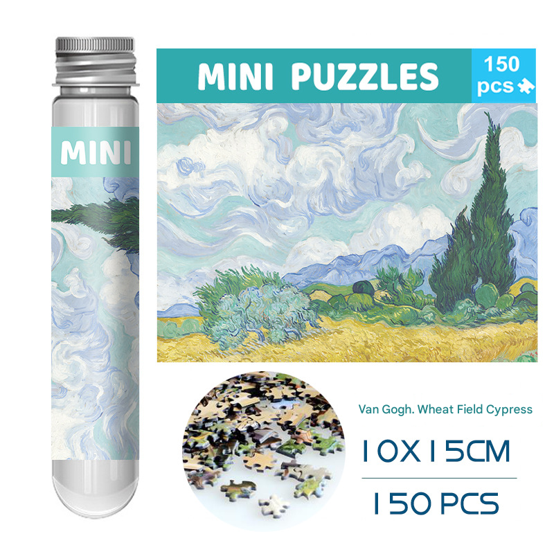 2 PCS 150-Piece Mini Puzzle in Reusable Tube – Compact Jigsaw for Home or Travel, Frame Not Included(136-Wheat Fields and Cypress Trees)