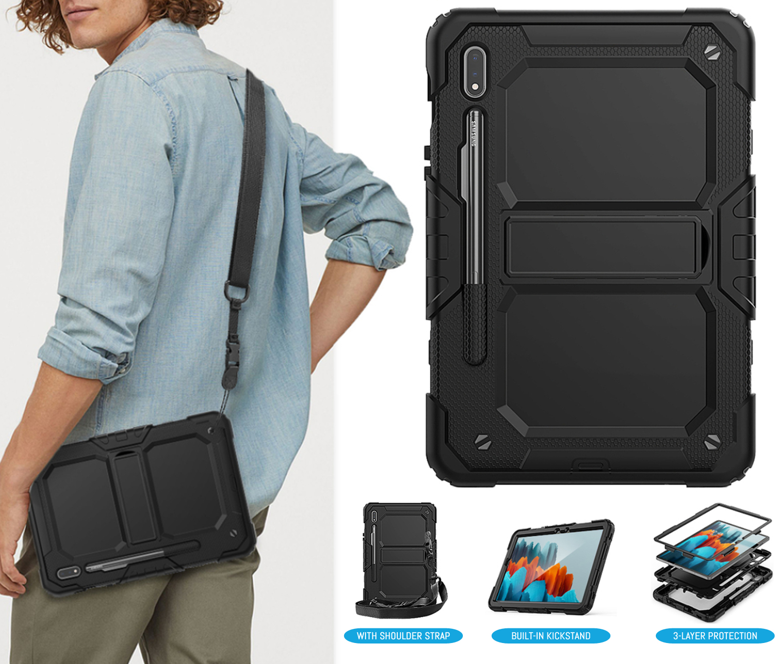 For Samsung Galaxy Tab S7 Rugged Case Screen cover shoulder strap kickstand