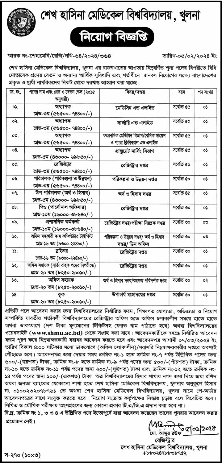শেখ হাসিনা মেডিকেল বিশ্ববিদ্যালয় নিয়োগ বিজ্ঞপ্তি ২০২৪