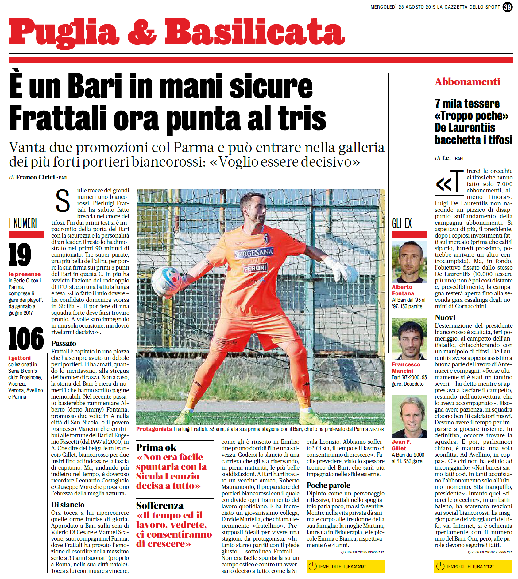 28/08/19 - GDS - E'un Bari in mani sicure, Frattali punta al tris Gds