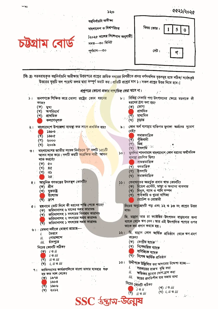 Bangladesh and Global Studies MCQ Question With Answers 2025 Chittagong Board