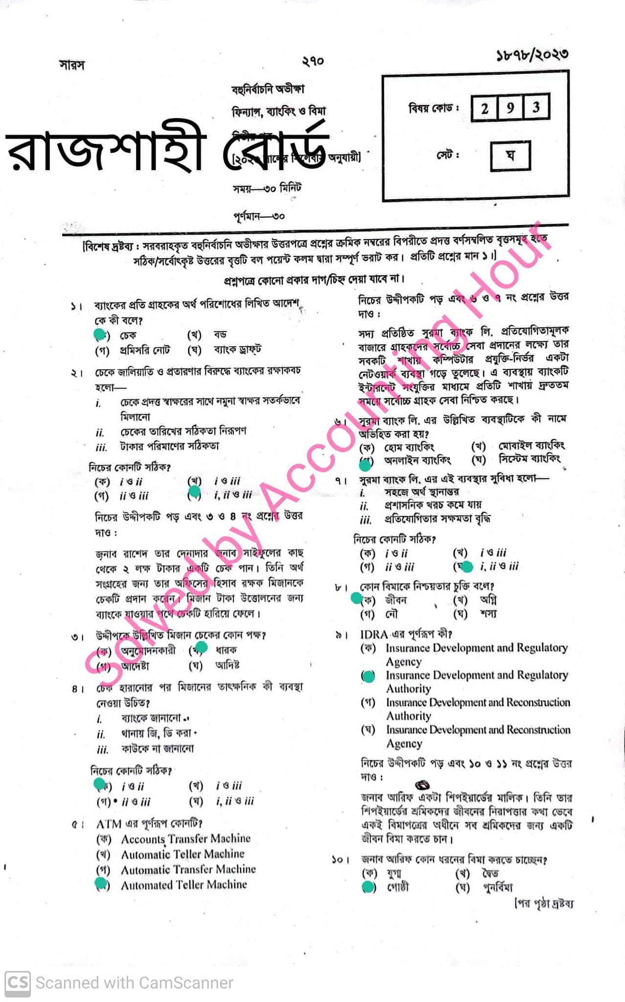Finance Banking and Insurance 2nd Paper MCQ Question Solution Rajshahi Board HSC 2023