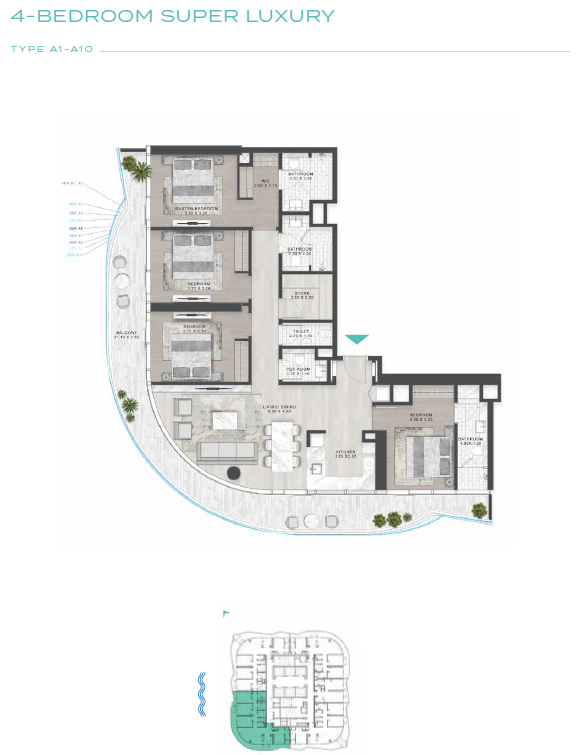 Volta by Damac 4 BR apartment keyplan and unit layout showing the spatial arrangement for a 4 bedroom residence in the tower, presented as a Volta Distress Deal opportunity in Downtown Dubai