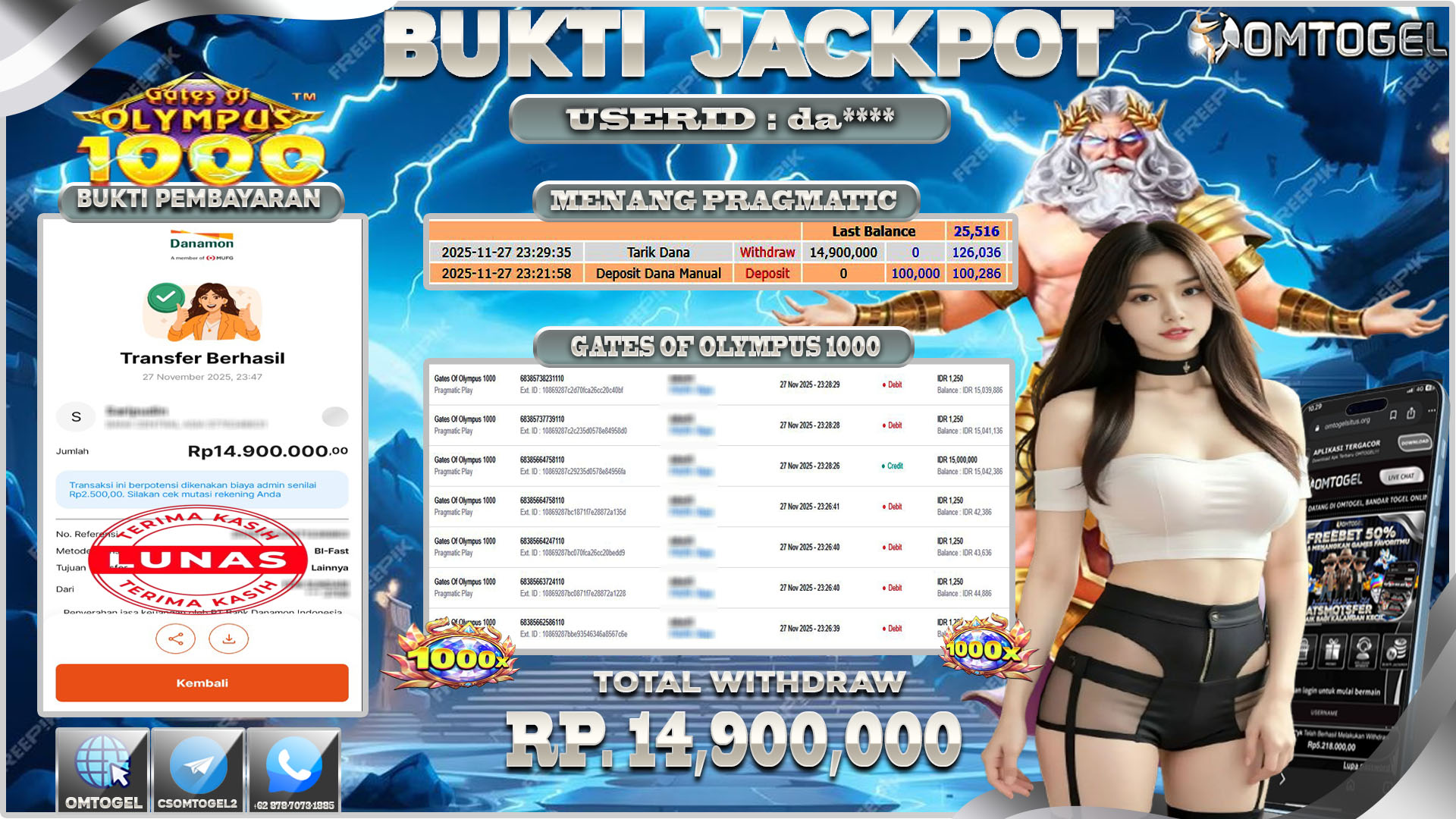 OMTOGEL JACKPOT PRAGMATIC PLAY GATES OF OLYMPUS 1000 ,14 JUTA DI BAYAR LUNAS ,-