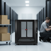 Detalhe das laterais e fechadura do Rack APC