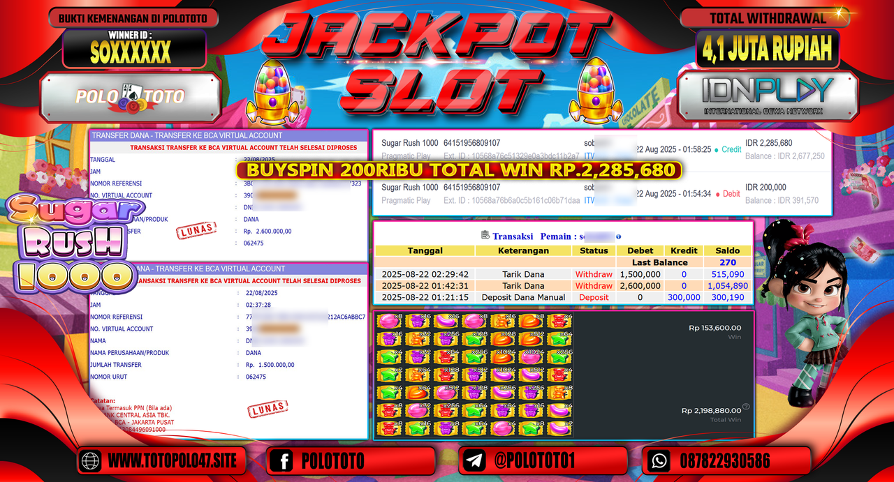 POLOTOTO JACKPOT SLOT SUGAR RUSH 1000 Rp.4.100.000,-