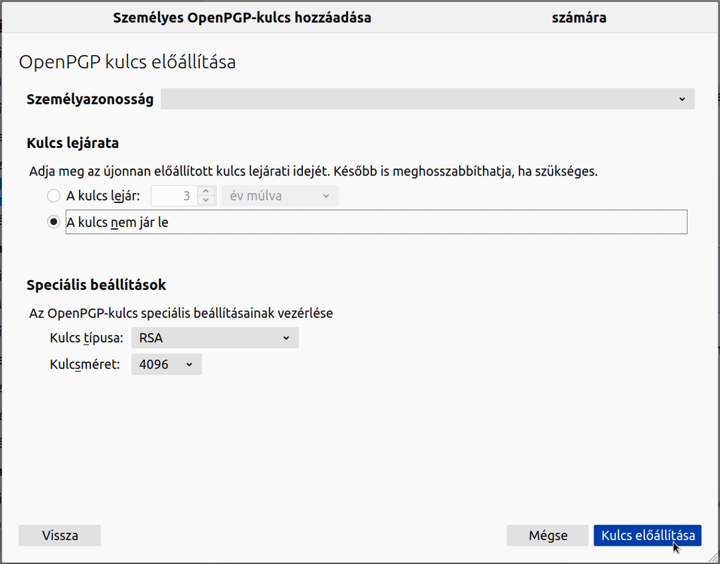 Személyes OpenPGP-kulcs hozzáadása (beállítások)