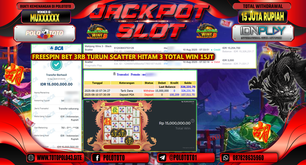 POLOTOTO JACKPOT SLOT MAHJONG WINS 3 - BLACK SCATTER Rp.15.000.000,-LUNAS