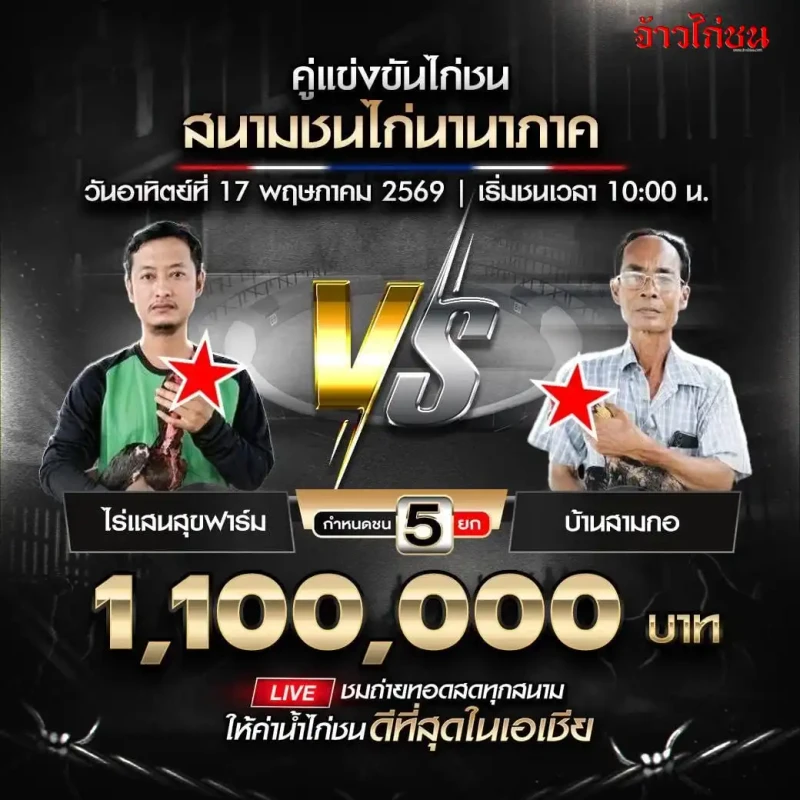 ไร่แสนสุขฟาร์ม พบ บ้านสามกอ โปรแกรมไก่ชน สนามชนไก่นานาภาค วันที่ 17 พฤษภาคม 2569