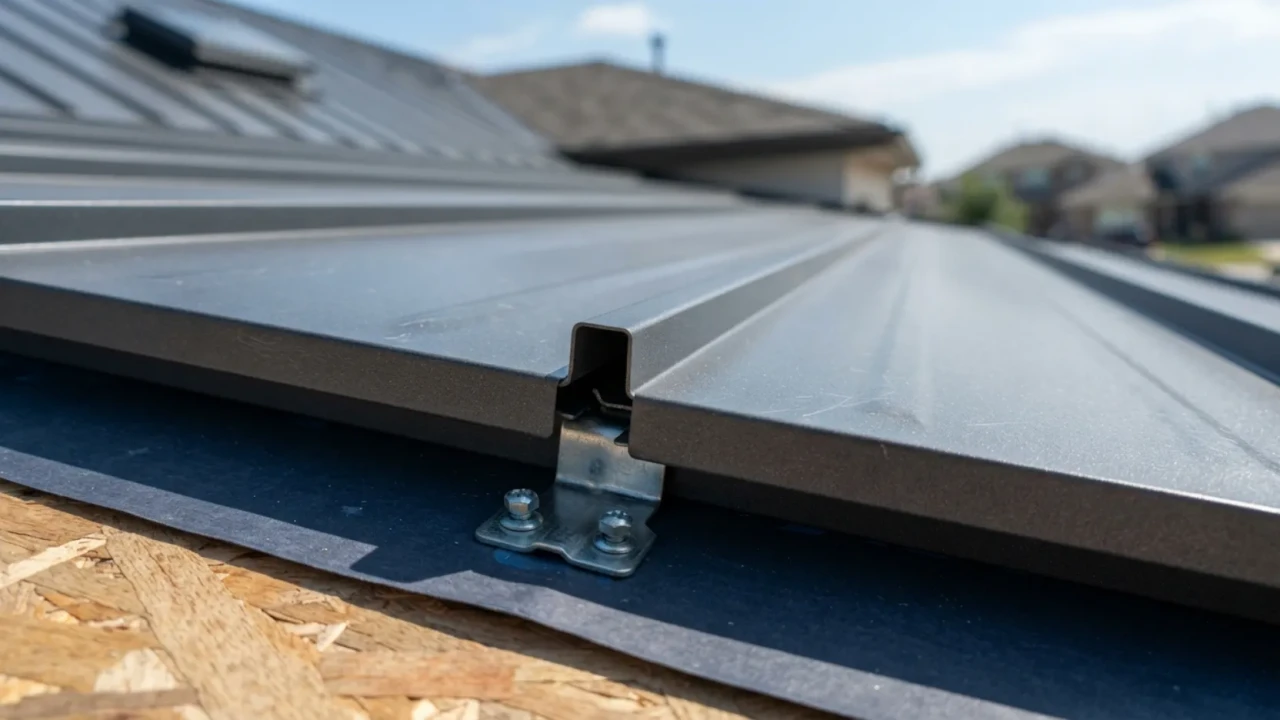 Standing seam metal roof panel installation showing panel seam engagement and clip placement San Antonio residential