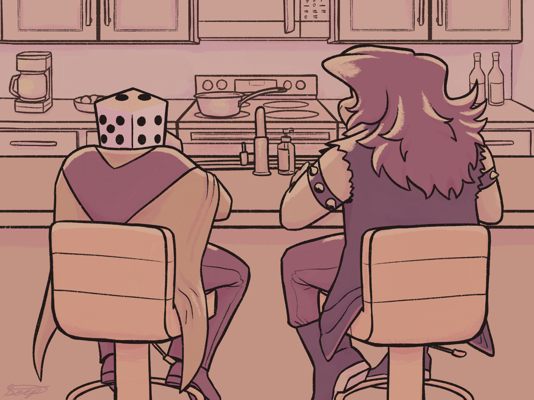 An image of Susie and Battat from Deltarune sitting on barstools in a kitchen. Their backs are to the viewer.