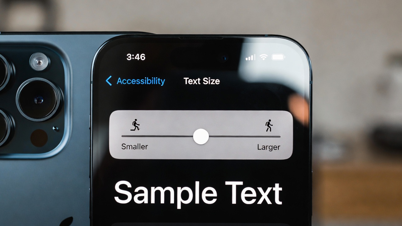 iPhone 17 Plus Pro Max with accessibility text size settings visible, shown in senior-friendly large text mode