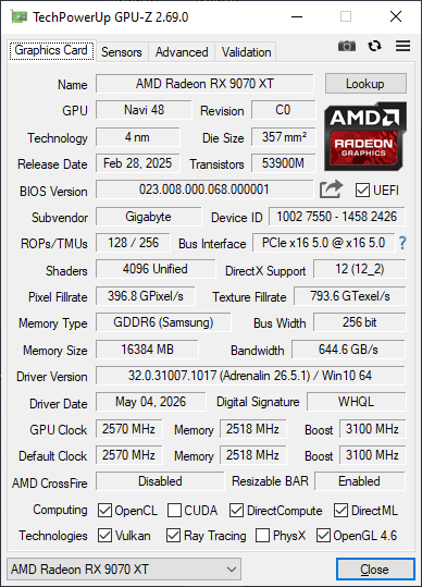 gpuz aorus 9070 xt elite firestorm90