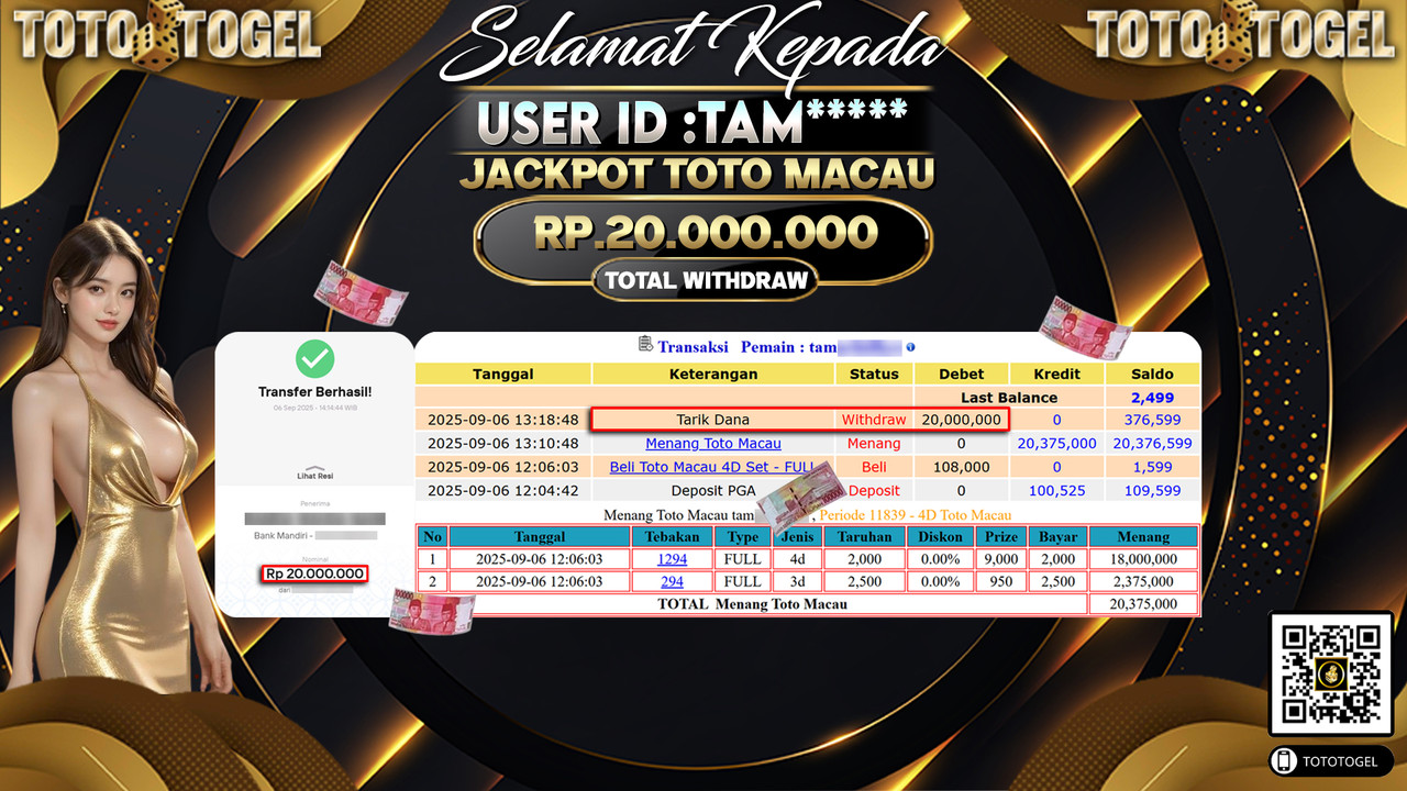 Bukti Pembayaran Jackpot Permainan Togel Toto Macau ID:TAM***** LUNAS