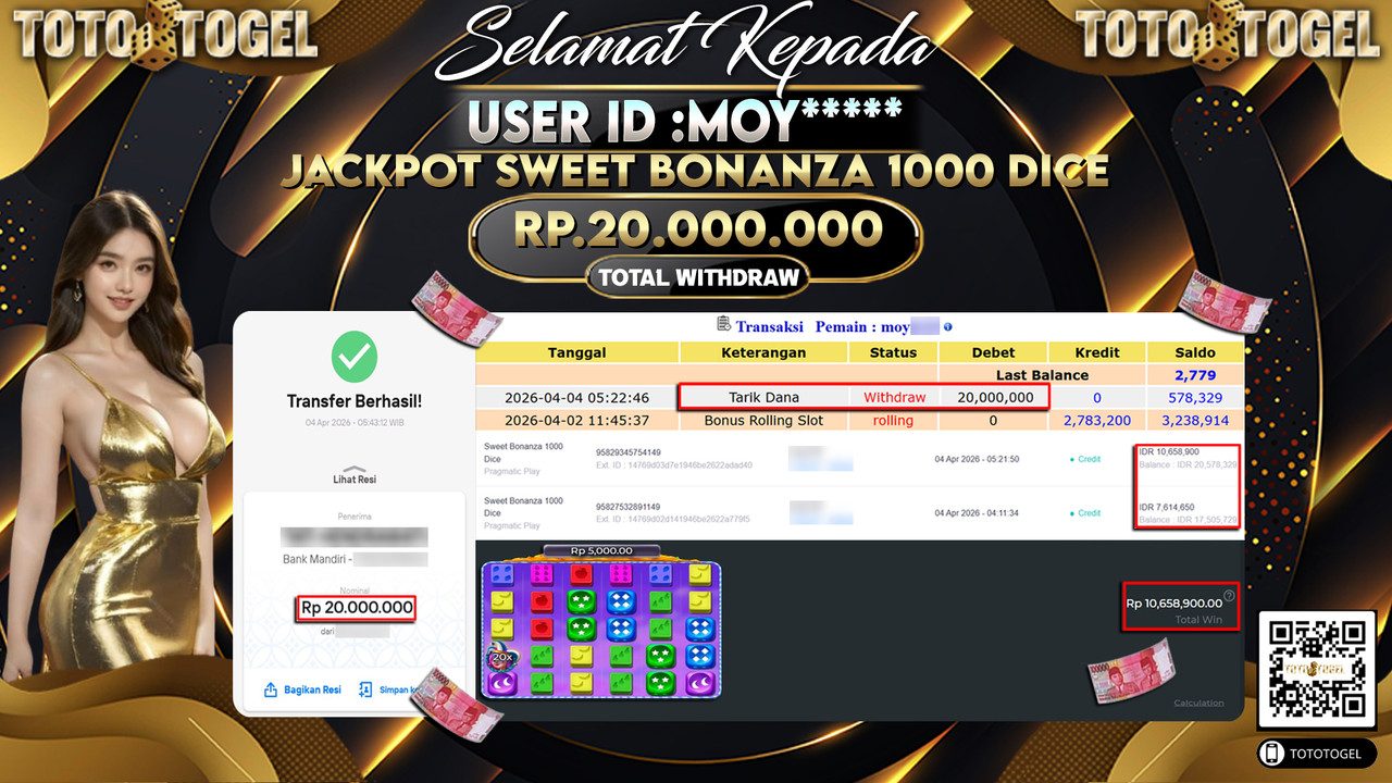 Bukti Pembayaran Jackpot Permainan Slot Sweet Bonanza 1000 Dice ID:MOY*****LUNAS