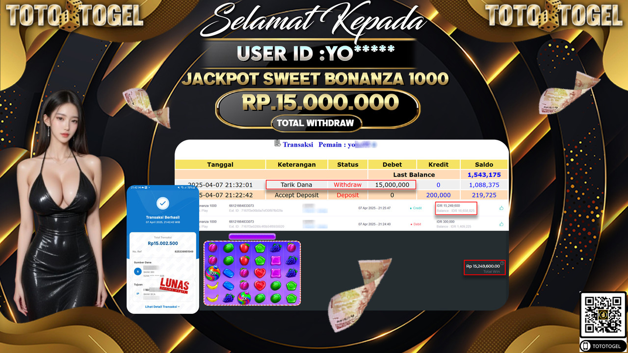 Bukti Pembayaran Jackpot  Permainan Slot Sweet Bonanza 1000 ID:YO**** LUNAS