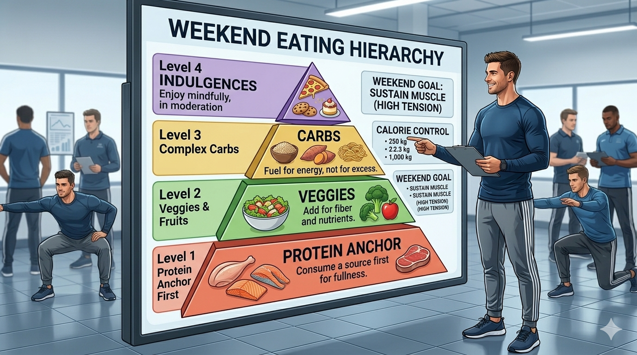 Infographic pyramid showing weekend eating hierarchy protein anchor first then veggies then carbs then indulgences for bulking diet