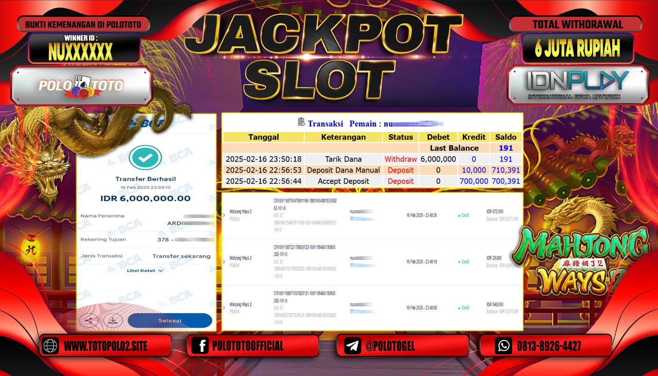 POLOTOTO JACKPOT SLOT MAHJONG WAYS 2 Rp.6.000.000,-