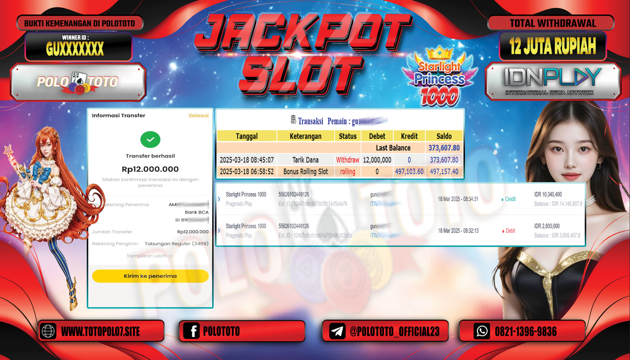 POLOTOTO JACKPOT SLOT STARLIGHT PRINCESS 1000 Rp.12.000.000,- 