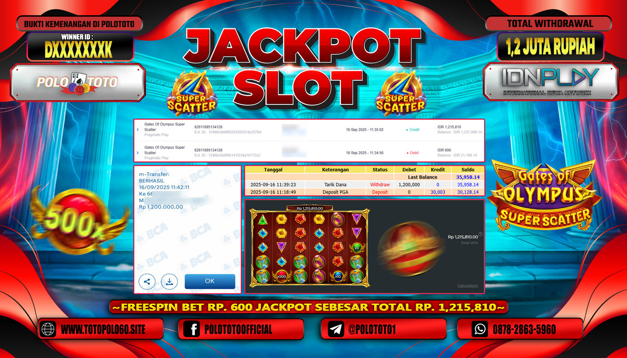 POLOTOTO JACKPOT SLOT GATES OF OLYMPUS SUPER SCATTER Rp.1.200.000,- LUNAS