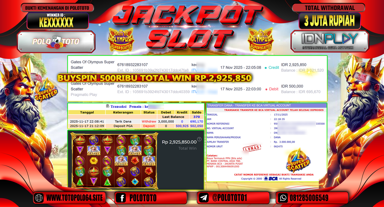 POLOTOTO JACKPOT SLOT GATES OF OLYMPUS SUPER SCATTER Rp.3.000.000,- LUNAS