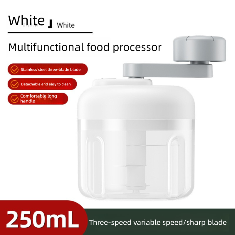 Manual Garlic Chopper & Food Processor 250ml Portable 3-Speed Hand-Crank Mincer – White Large Capacity Edition