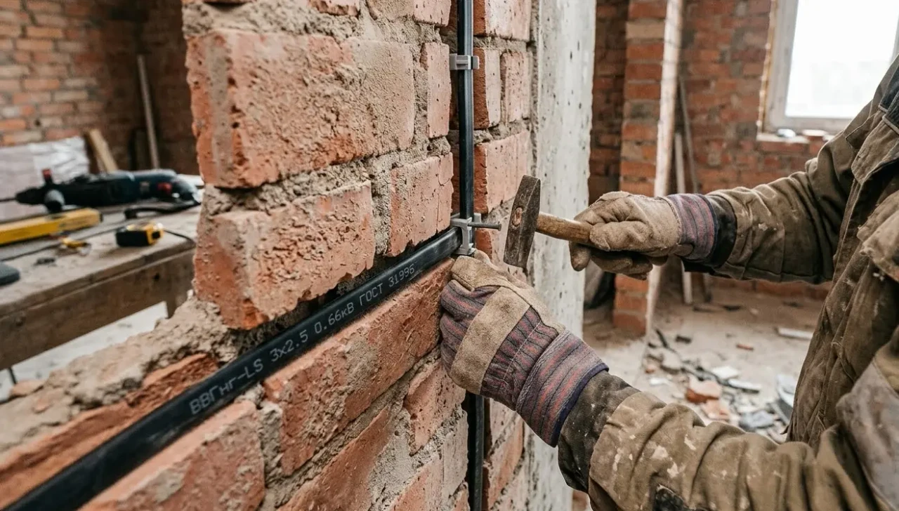 Прокладка кабеля ВВГнг-LS в штробе при монтаже скрытой электропроводки в квартире.