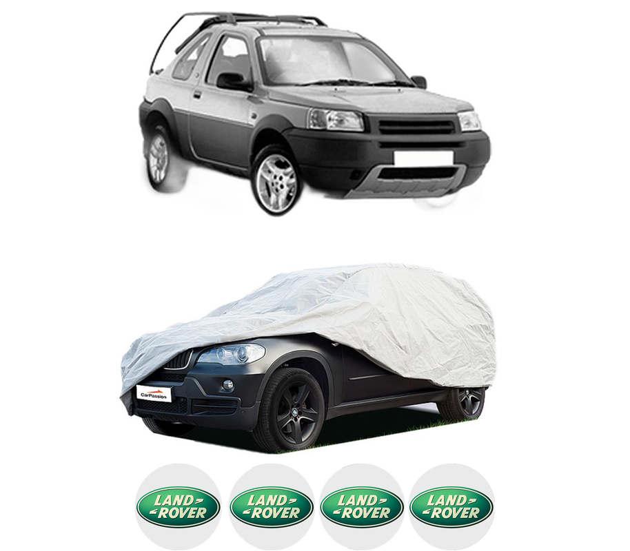 Husa tip prelata auto pentru LAND ROVER FREELANDER I Soft Top (L314) din 1998-2006, Culoare Gri, material textil impermeabil, rezistanta la intemperii praf UV, CARPASSION Husa Protectie, 4 Stickere auto cu LAND ROVER