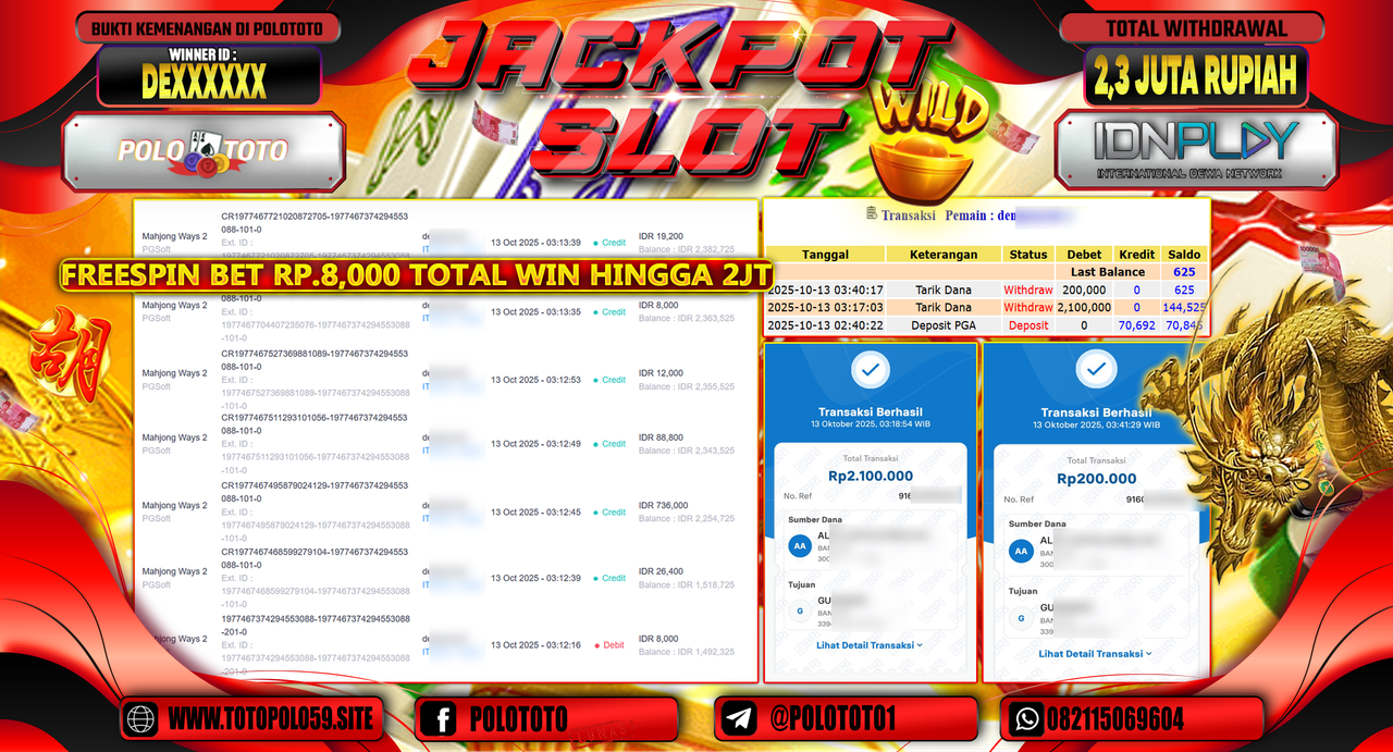 POLOTOTO JACKPOT SLOT MAHJONG WAYS 2 Rp.2.300.000,- LUNAS