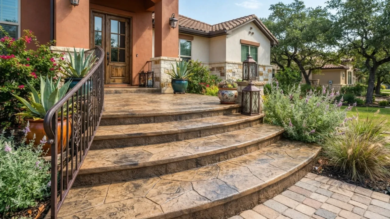 Decorative stamped concrete entry steps San Antonio